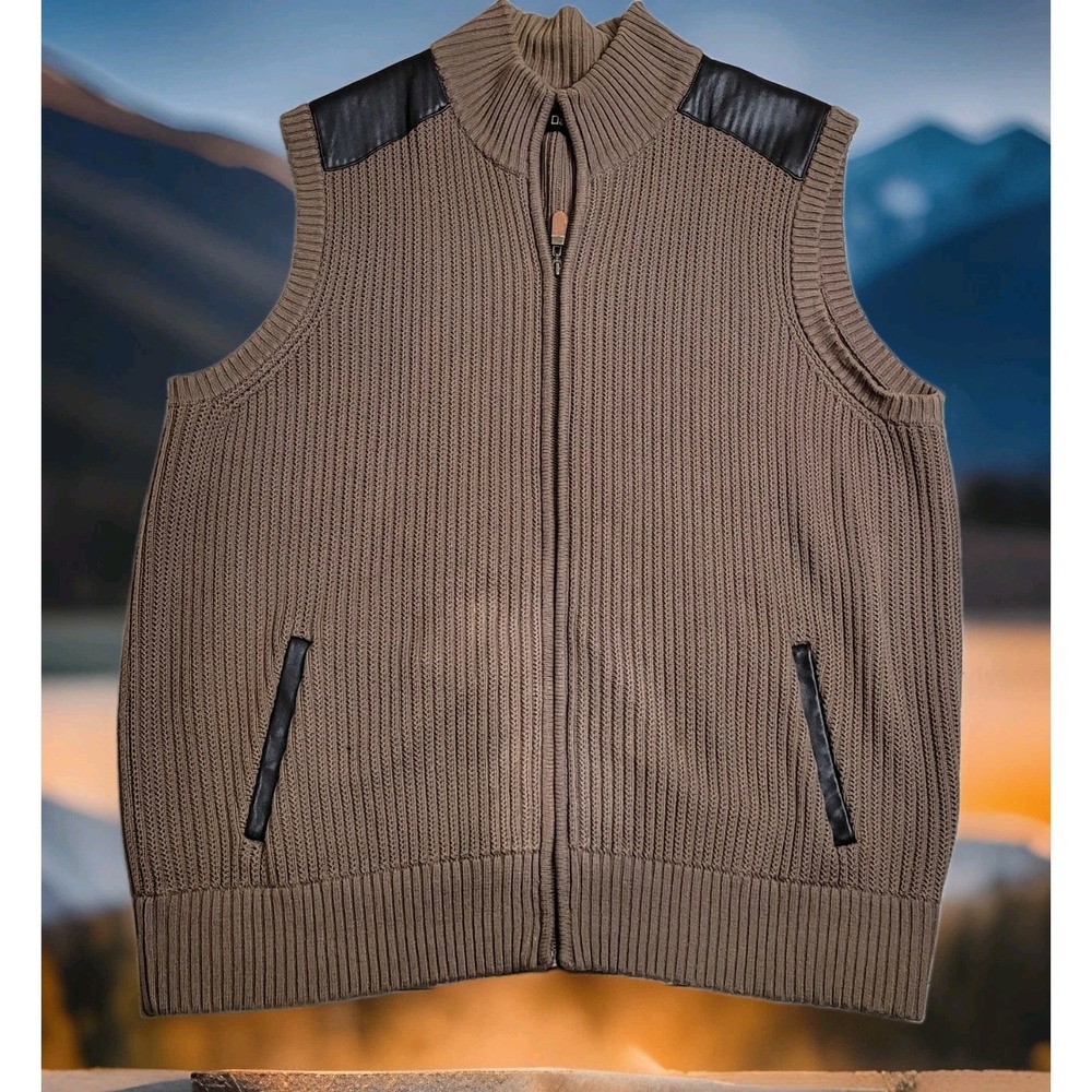 National Geographic Sweater Mens XL‎ Heavy Ribbed Full Zip Vest Leather Trim